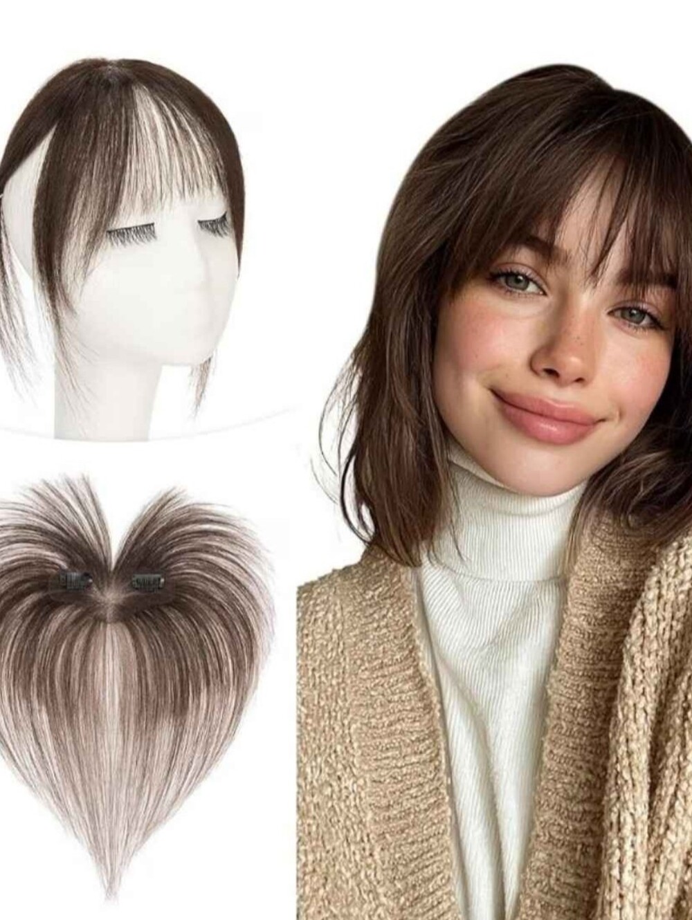 Human Hair Topper & Wispy Bangs For Thinning Hair 9x12 Base 11" Dark Brown